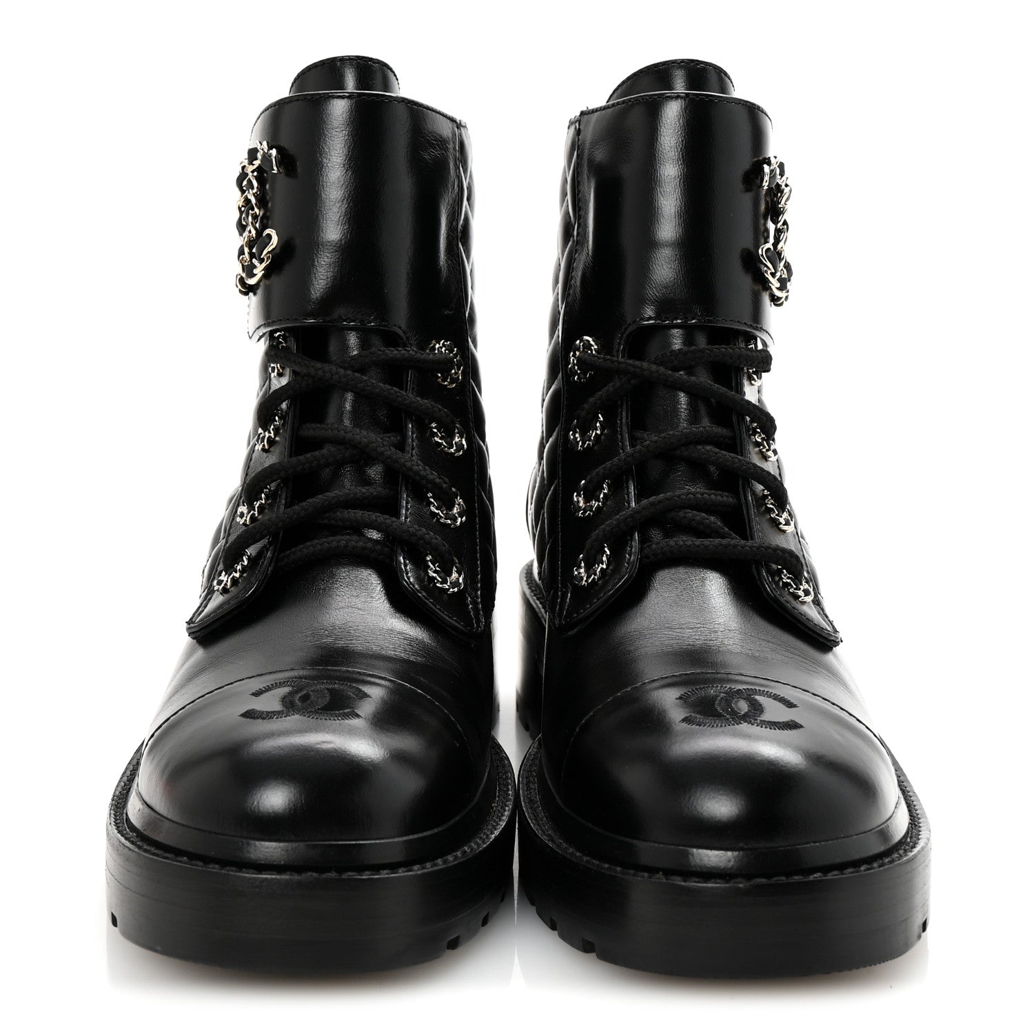 Chanel Shiny Lambskin Quilted Lace Up Combat Boots 39 Black