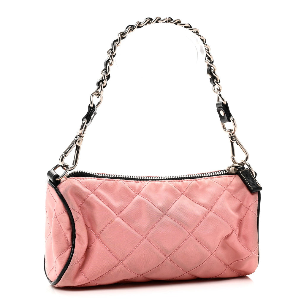 Prada Tessuto Nylon Saffiano Impunturato Quilted Barrel Pochette Pink Black