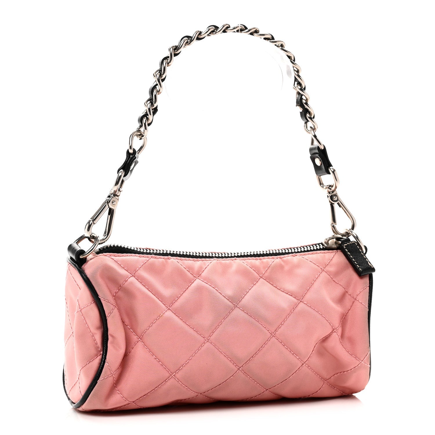 Prada Tessuto Nylon Saffiano Impunturato Quilted Barrel Pochette Pink Black