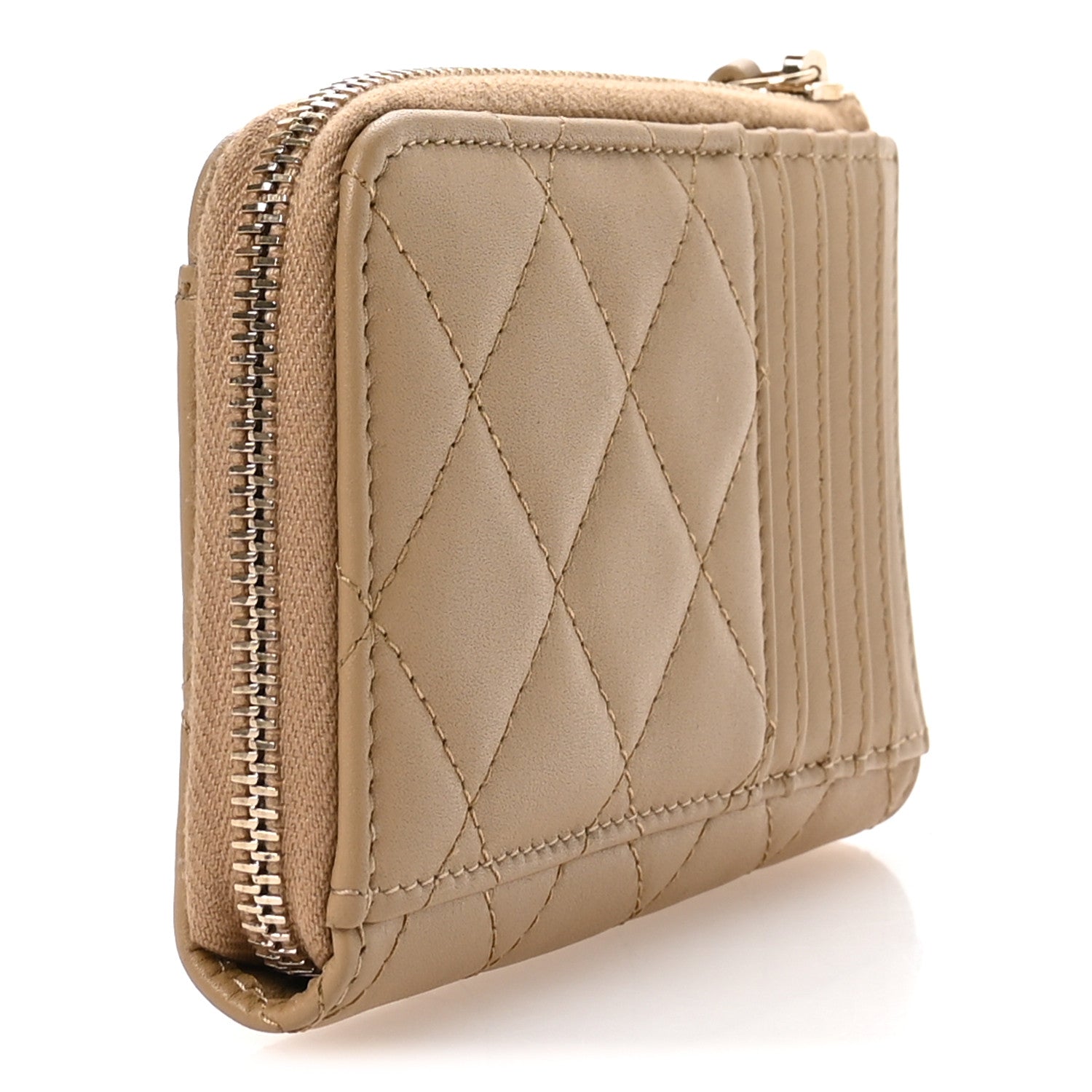 Lambskin Quilted Crystal CC Zip Card Holder Dark Beige