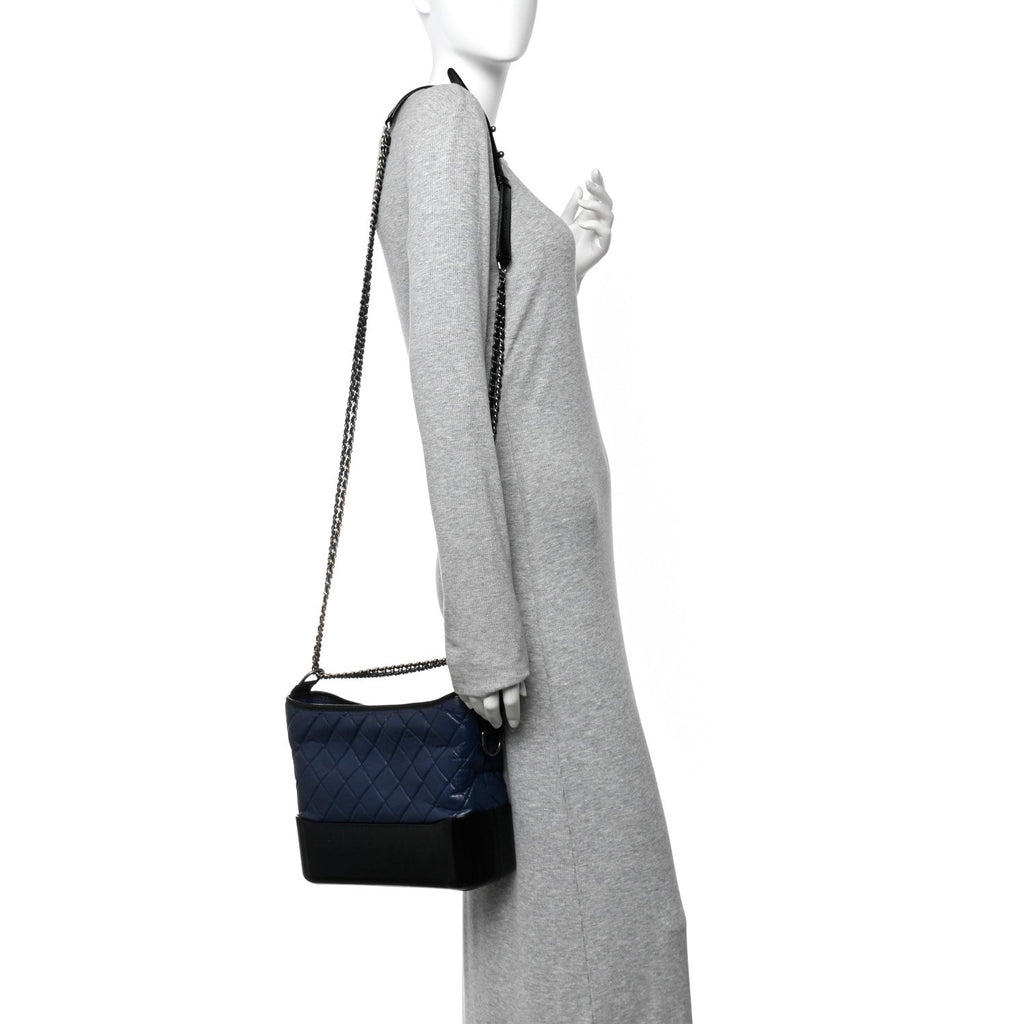 Chanel Aged Calfskin Quilted Medium Gabrielle Hobo Navy Black