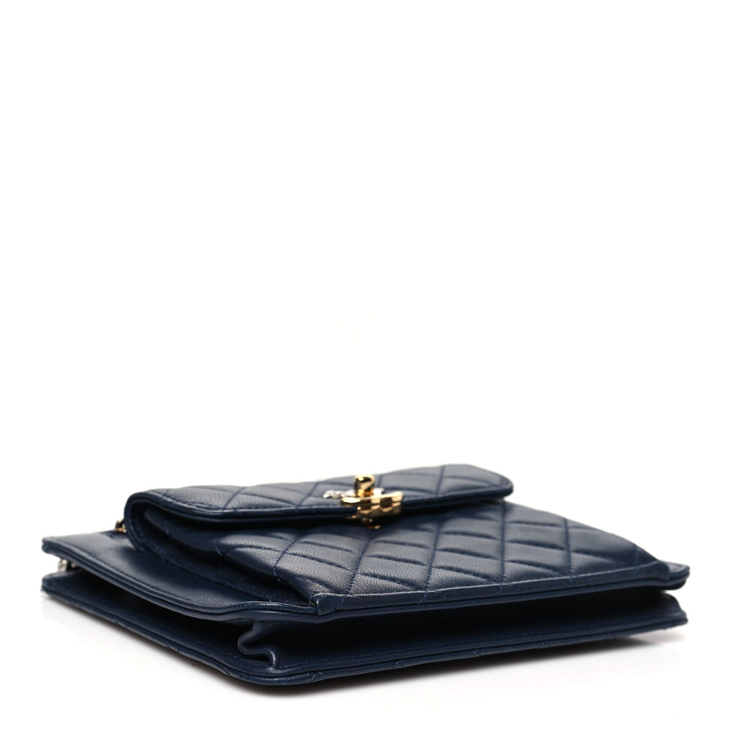 Chanel Lambskin Quilted Square Front Pocket Clutch With Chain Navy Blue