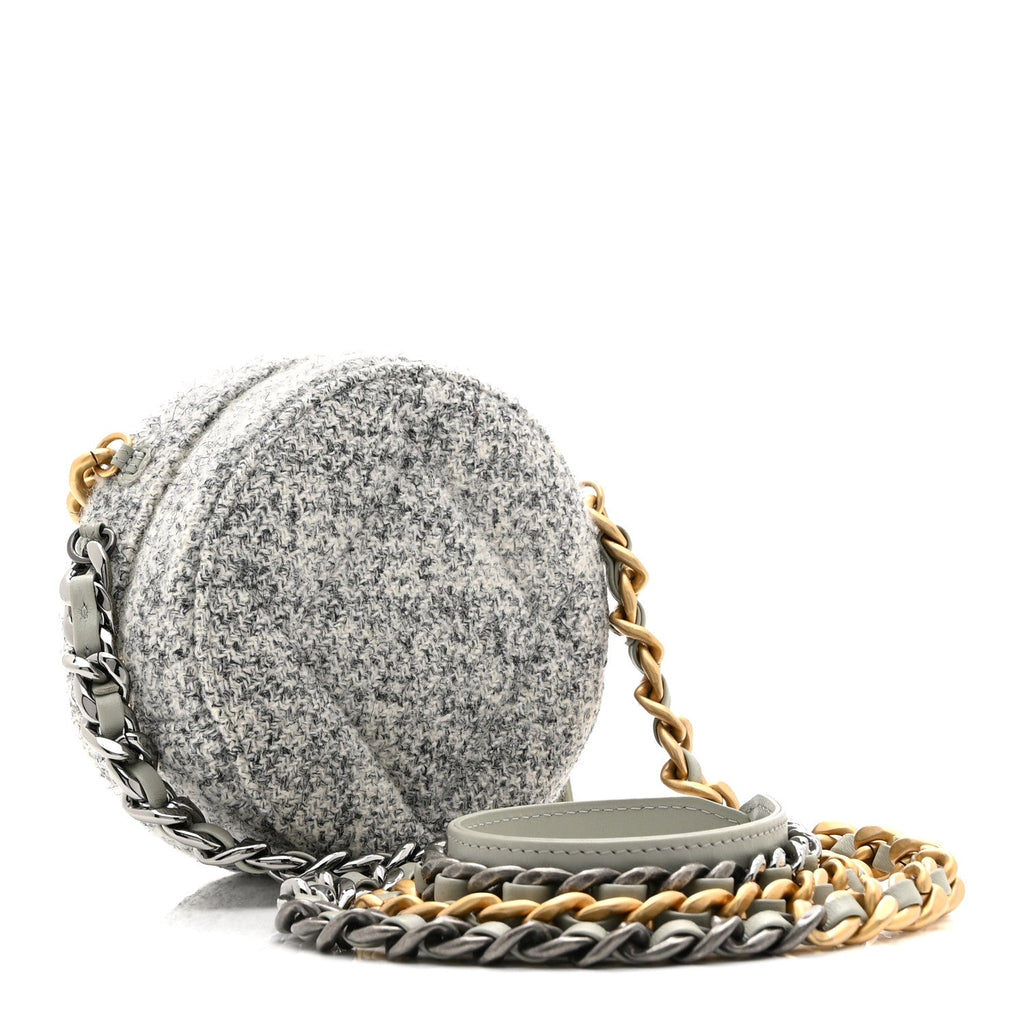 Chanel Wool Tweed Lambskin Quilted Chanel 19 Round Clutch With Chain Grey Ecru