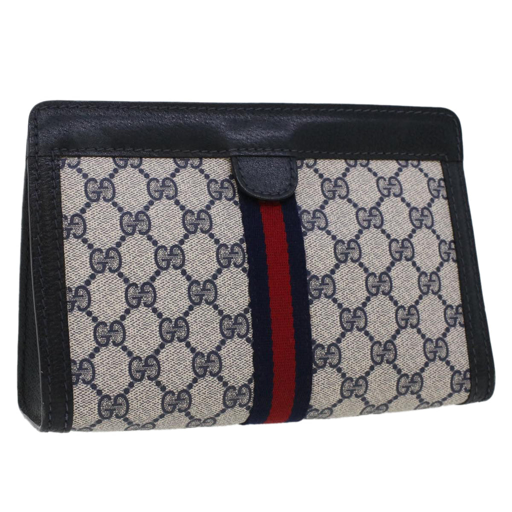 GUCCI GG Canvas Sherry Line Clutch Bag Gray Red Navy 64.014.2125.23  44752