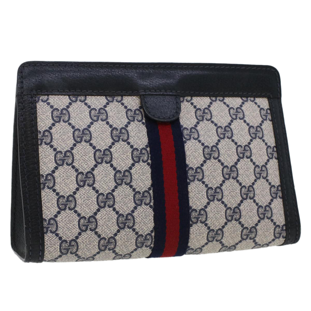 GUCCI GG Canvas Sherry Line Clutch Bag Gray Red Navy 64.014.2125.23  44752