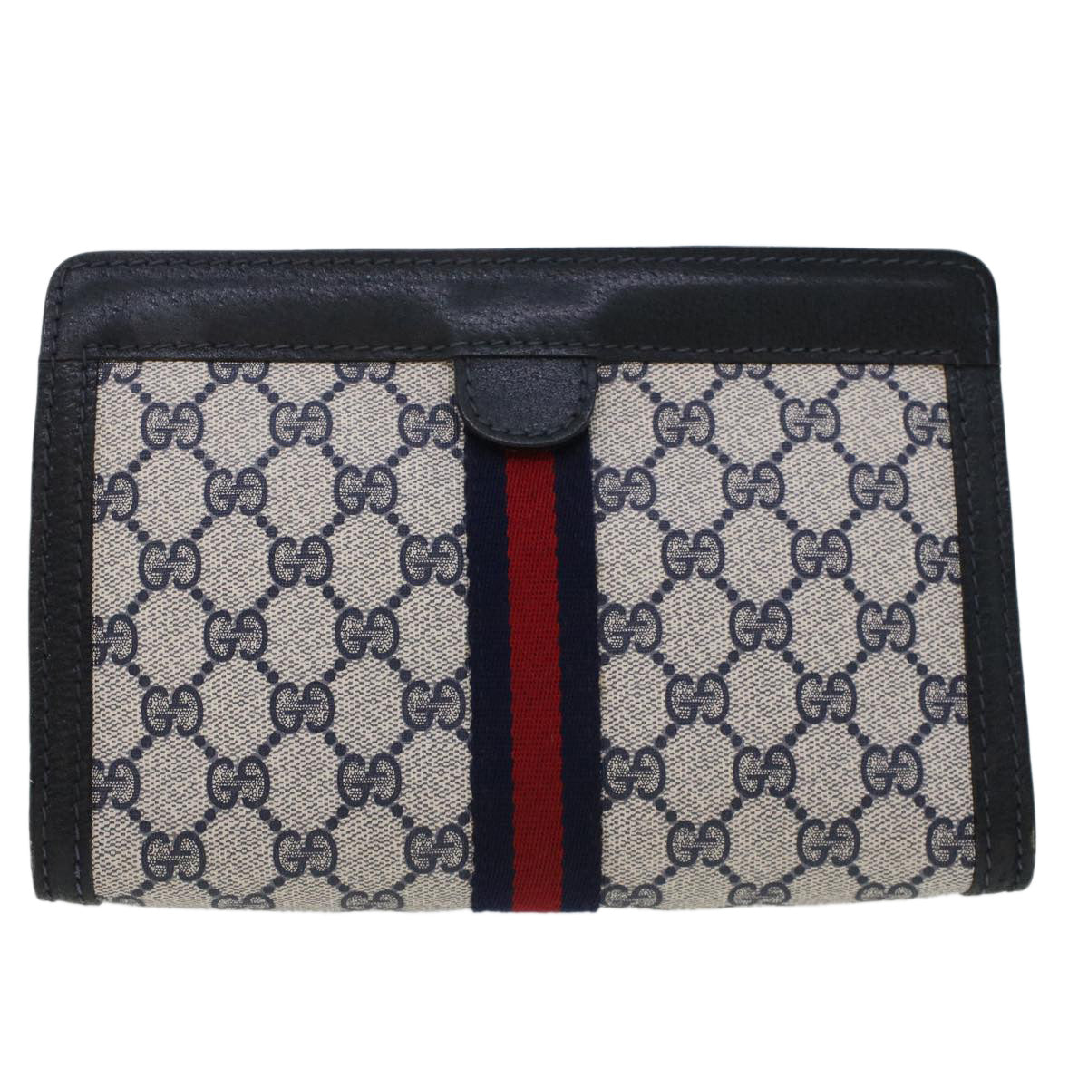 GUCCI GG Canvas Sherry Line Clutch Bag Gray Red Navy 64.014.2125.23  44752