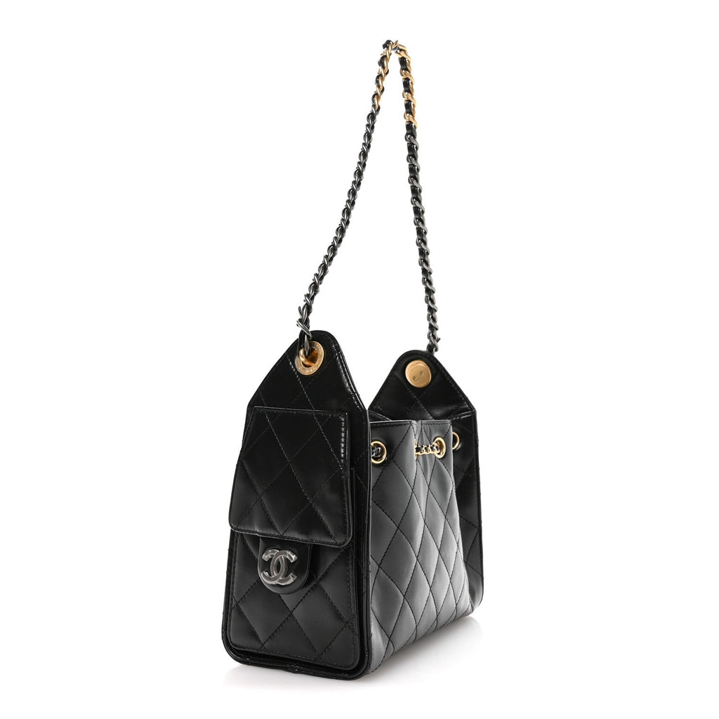 Chanel Shiny Crumpled Calfskin Quilted Mini Chanel 25 Handbag Black