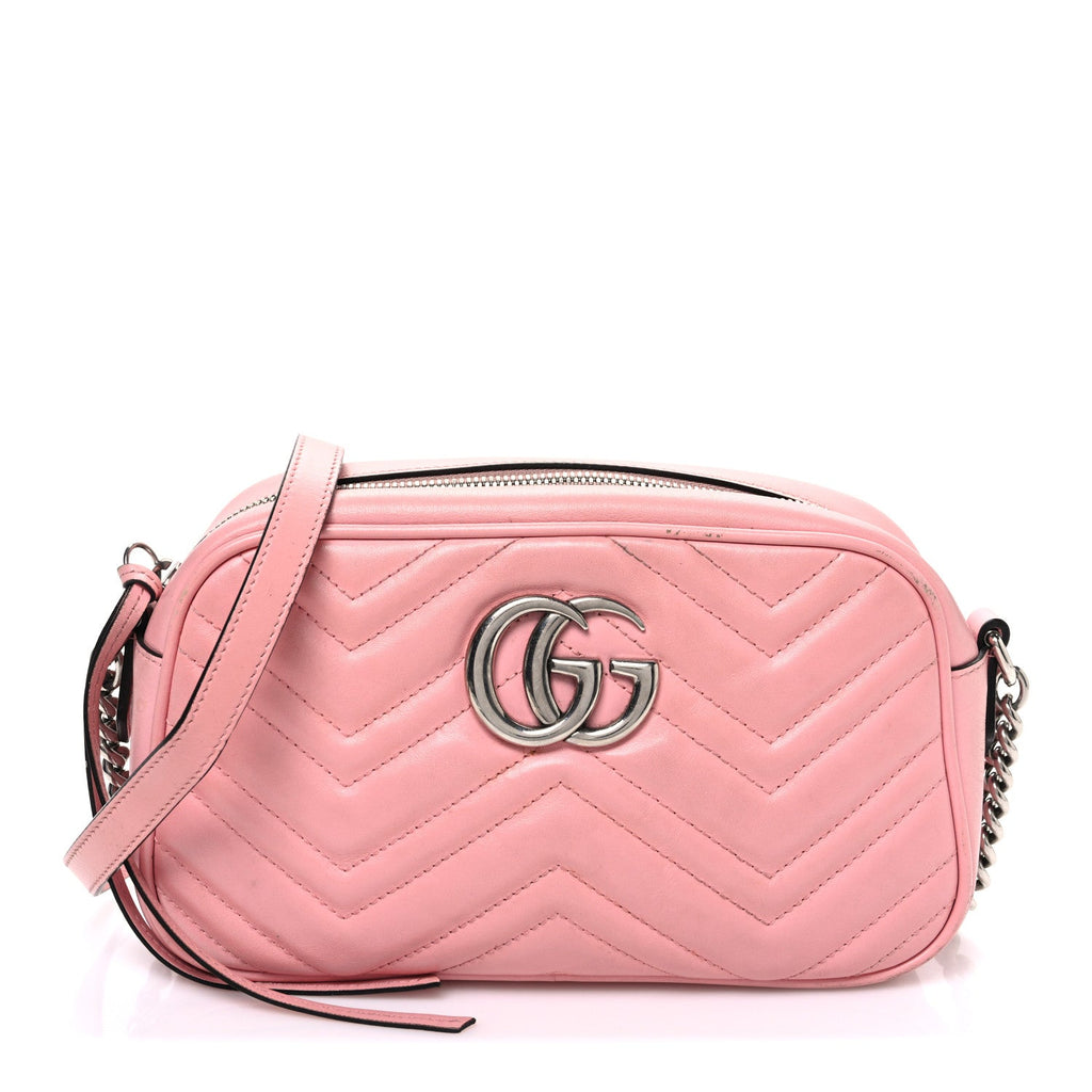 Gucci Calfskin Matelasse Small GG Marmont Chain Shoulder Bag Wild Rose
