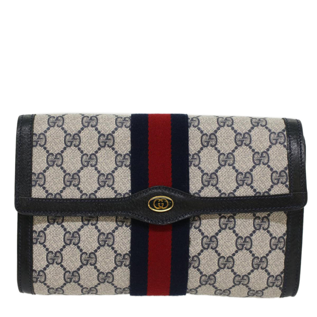 GUCCI GG Canvas Sherry Line Clutch Bag Gray Red Navy 8901006  44806