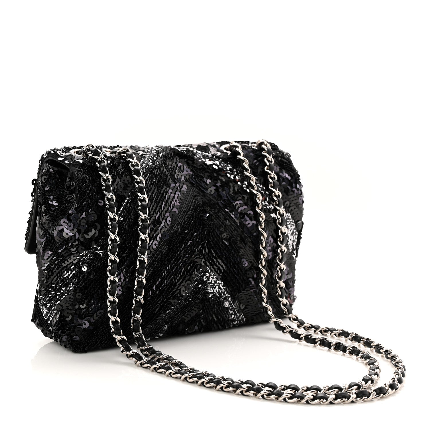 Chanel Sequins Chevron Mini Rectangular Flap Black