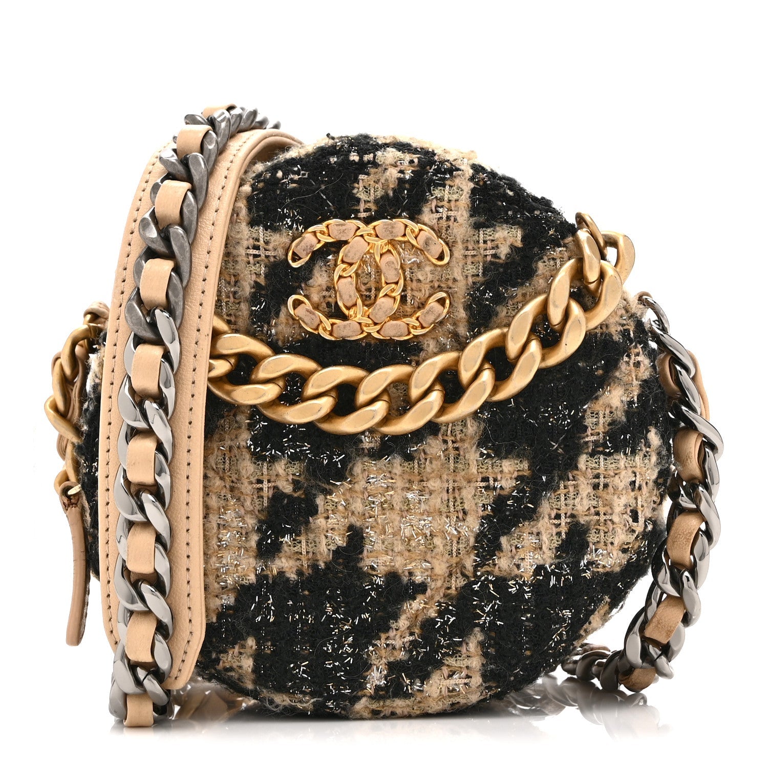 Chanel Wool Tweed Lambskin Quilted Chanel 19 Round Clutch With Chain and Coin Purse Beige Black