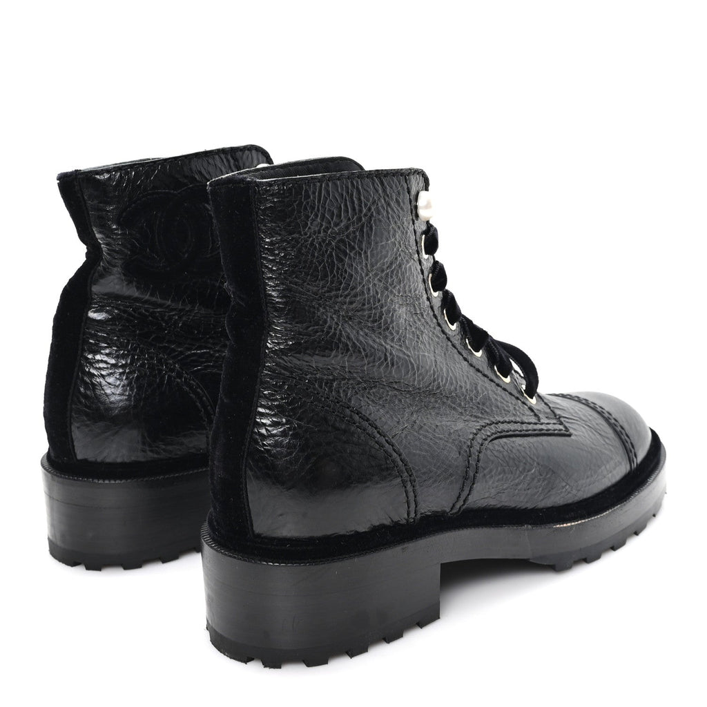 Chanel Shiny Calfskin Velvet Pearl Combat Short Boots 37.5 Black