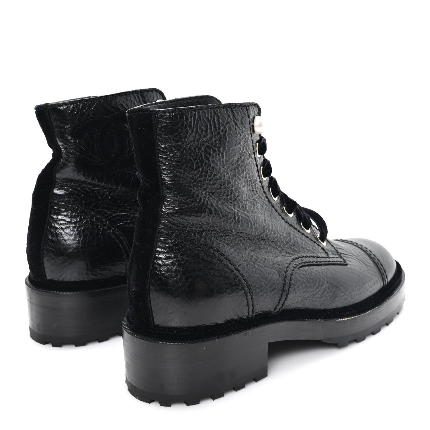 Chanel Shiny Calfskin Velvet Pearl Combat Short Boots 37.5 Black