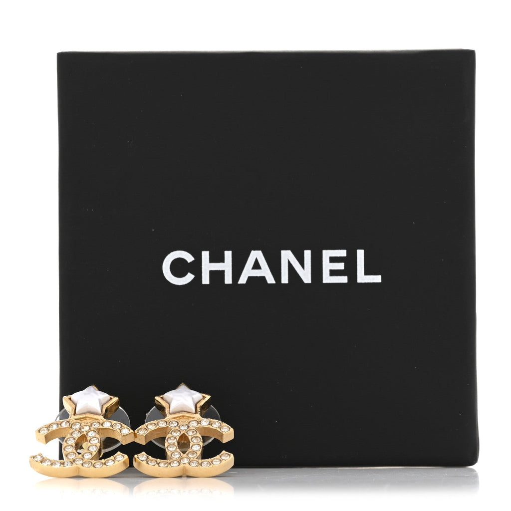 Metal Crystal Pearl CC Star Earrings Gold Pearly White