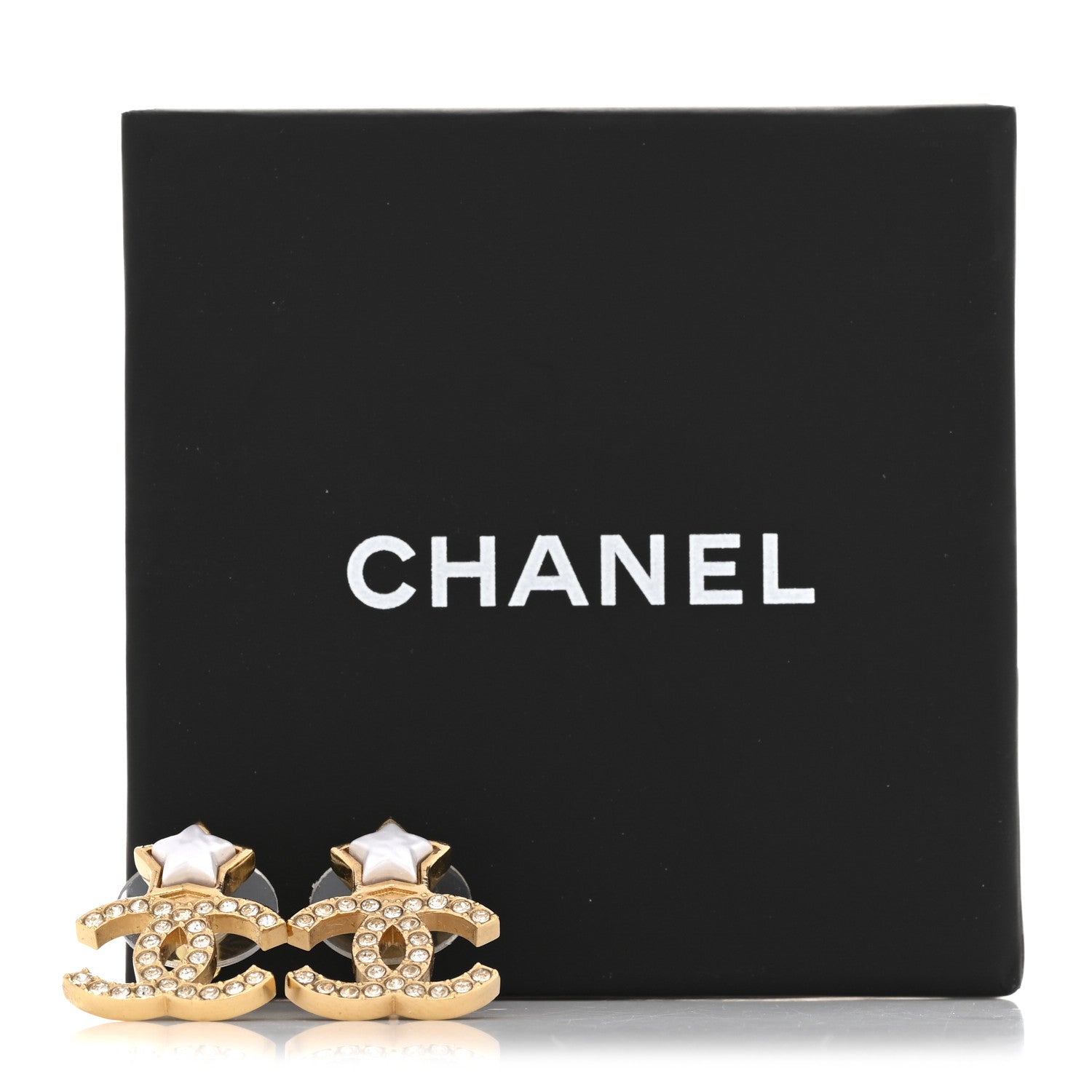 Metal Crystal Pearl CC Star Earrings Gold Pearly White