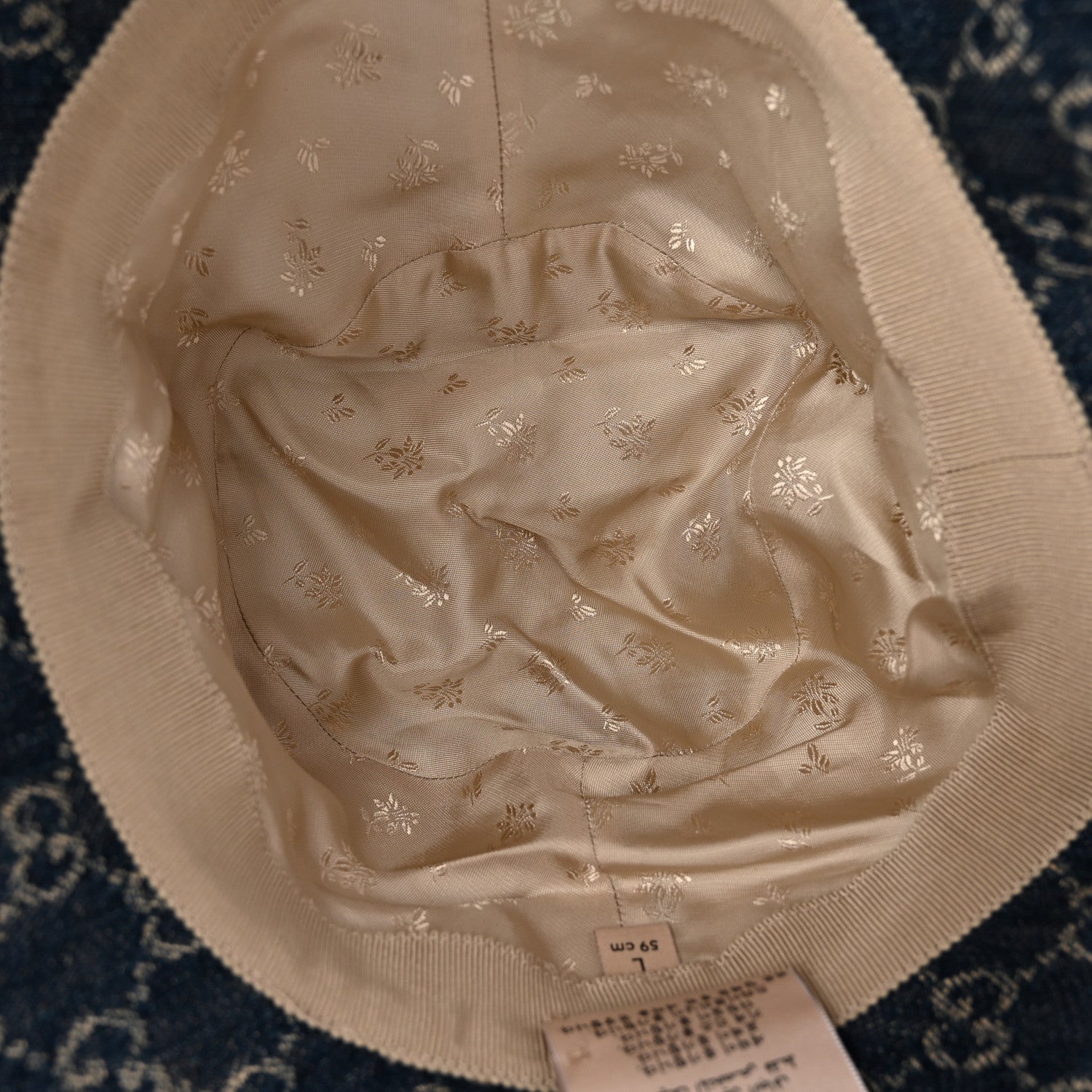 Gucci Washed Jacquard Denim Nappa GG Monogram Oscar Bucket Hat L Denim Cuir