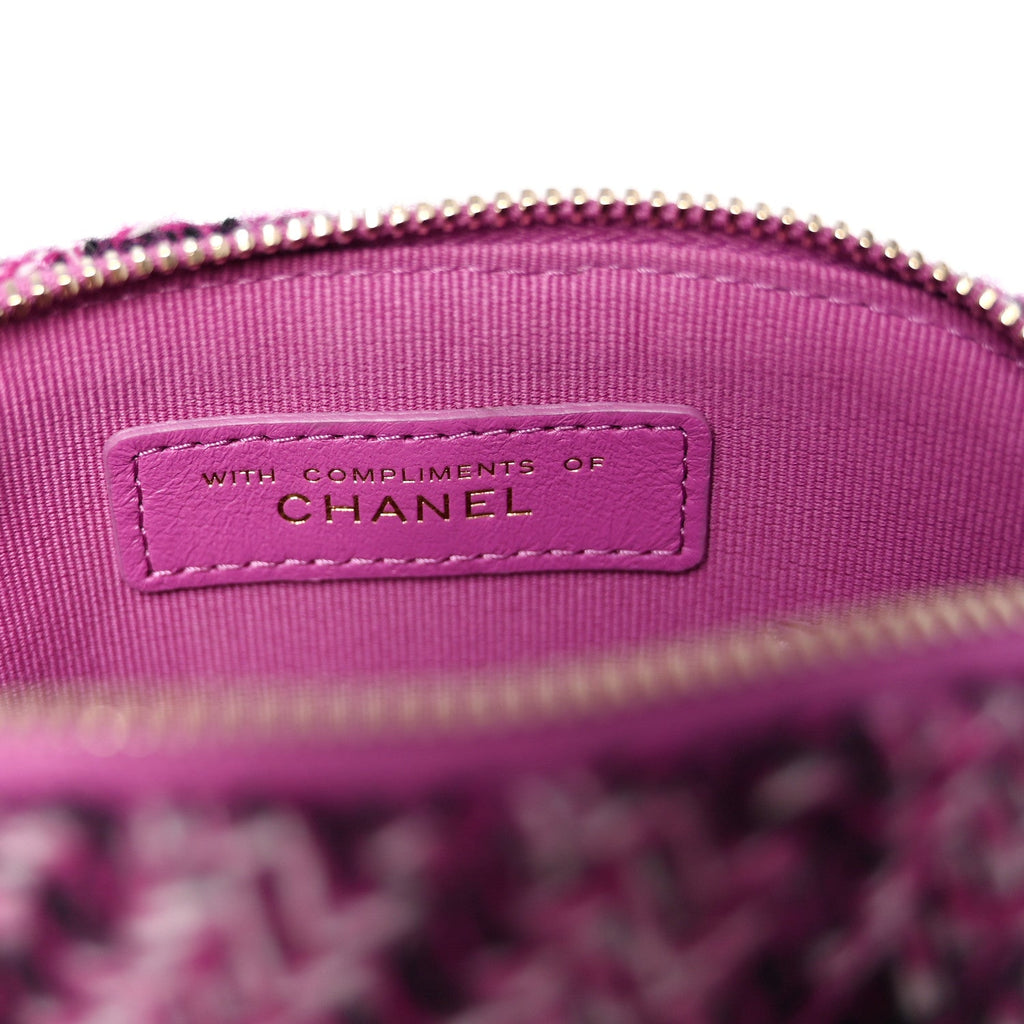 Chanel Tweed Quilted Mini Clutch With Chain Purple