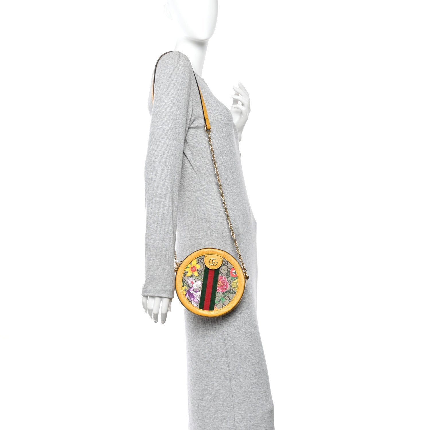 Gucci GG Supreme Monogram Flora Web Mini Ophidia Round Shoulder Bag Beige Multicolor Crop