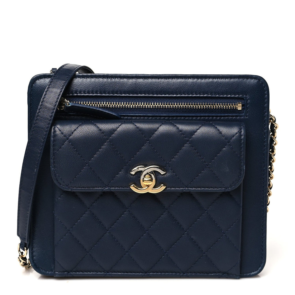 Chanel Lambskin Quilted Square Front Pocket Clutch With Chain Navy Blue