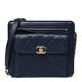 Chanel Lambskin Quilted Square Front Pocket Clutch With Chain Navy Blue
