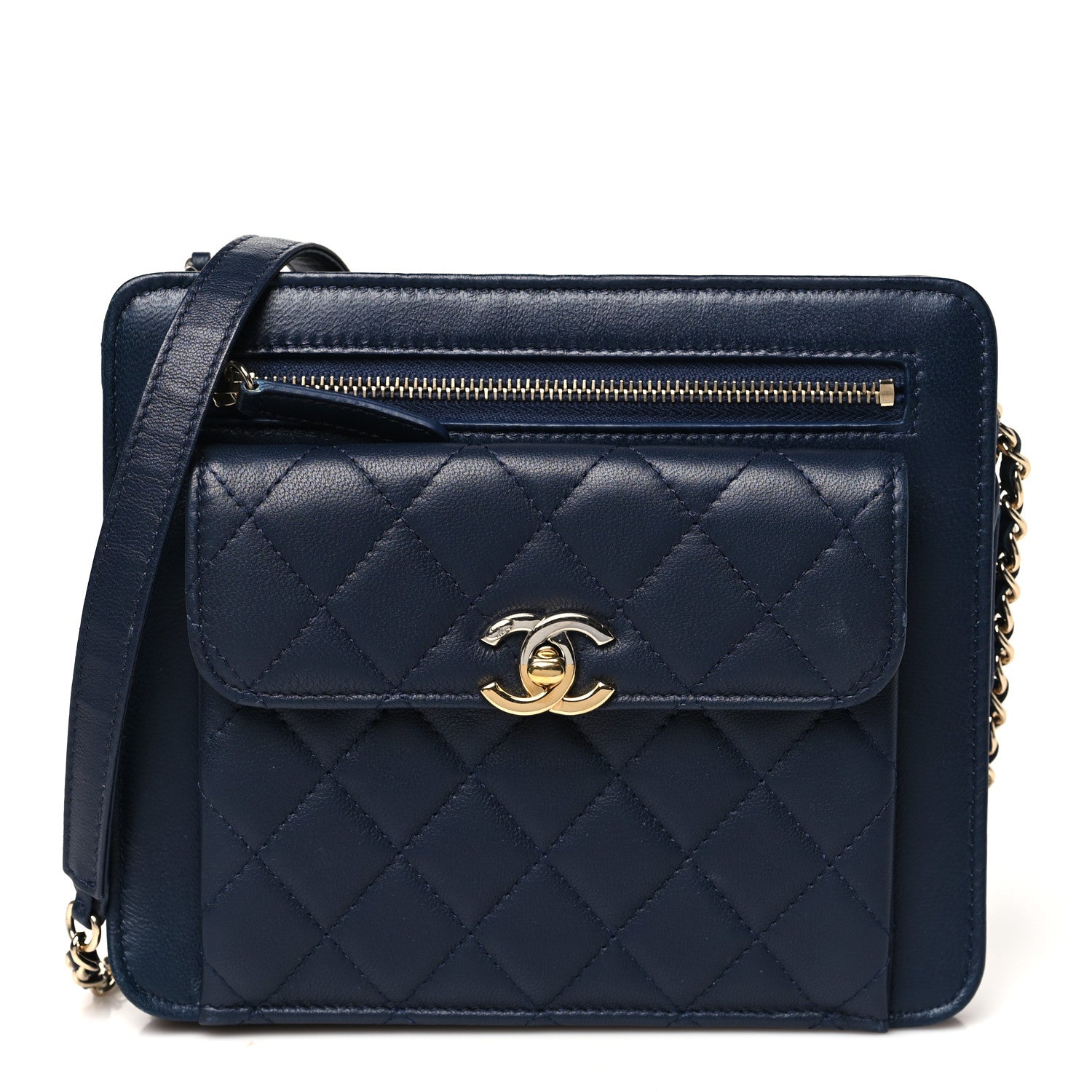 Chanel Lambskin Quilted Square Front Pocket Clutch With Chain Navy Blue