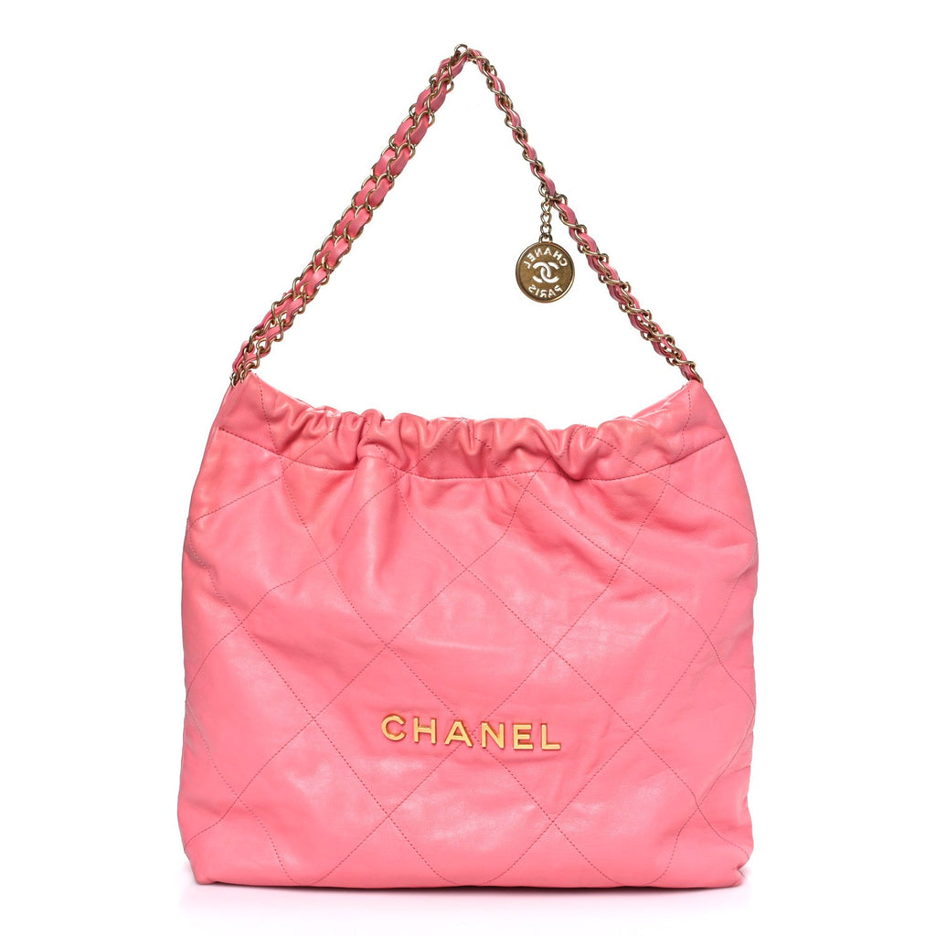 Chanel Shiny Calfskin Quilted Chanel 22 Drawstring Bag Coral Pink