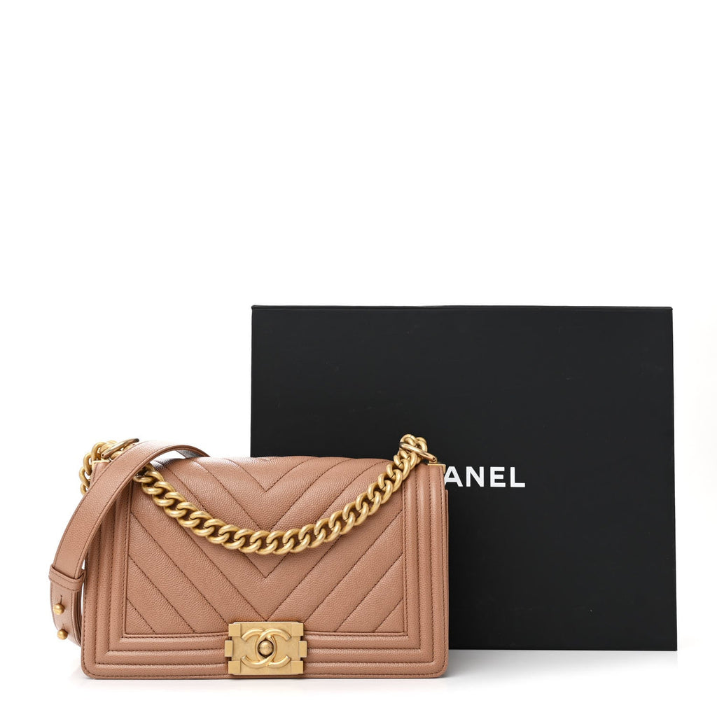 Chanel Caviar Chevron Quilted Medium Boy Flap Brown