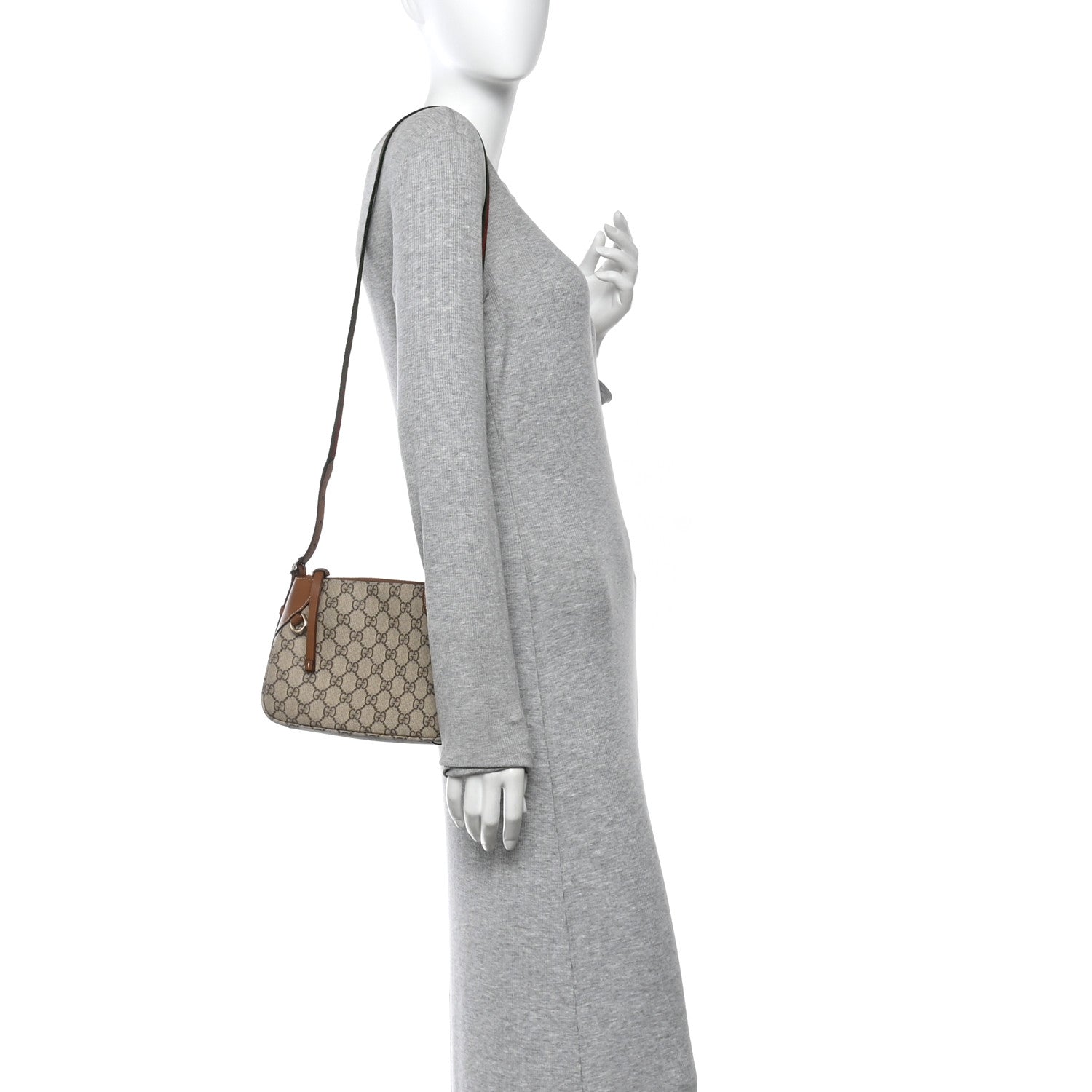 Gucci GG Supreme Monogram Textured Calfskin Small Emblem Shoulder Bag Beige Dark Brown