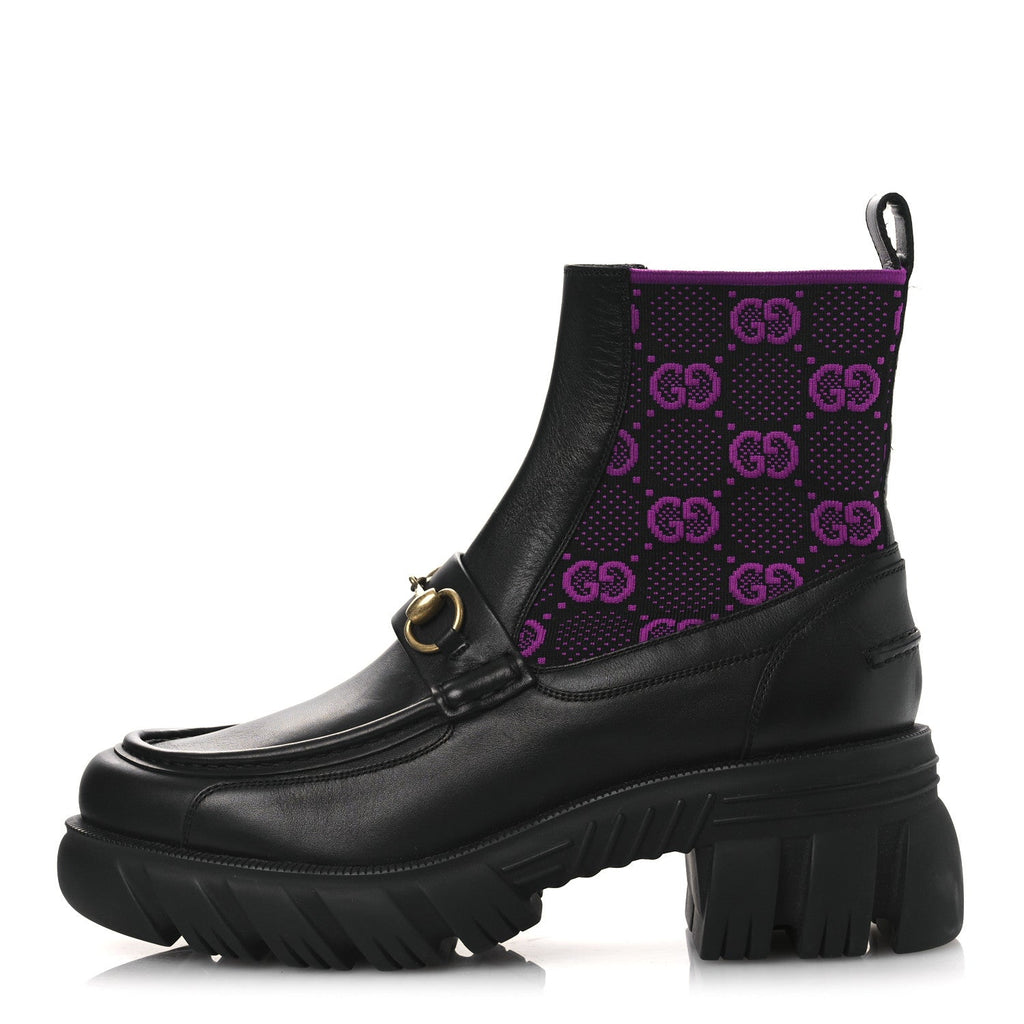 Gucci Quebec Calfskin Technical Jersey Knit GG Monogram Horsebit Ankle Boots 42 Black Fucsia
