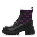 Gucci Quebec Calfskin Technical Jersey Knit GG Monogram Horsebit Ankle Boots 42 Black Fucsia