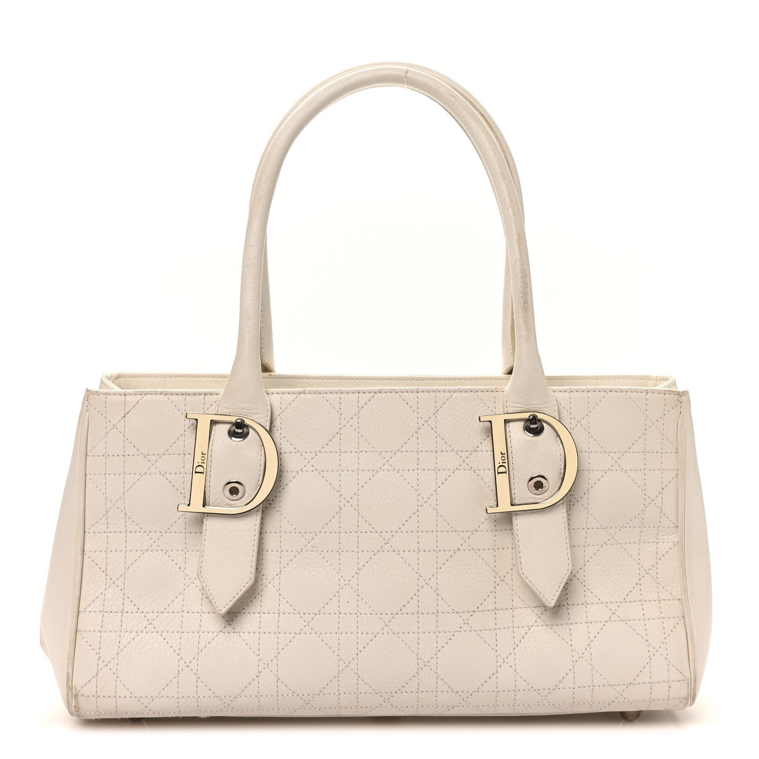 Christian Dior Calfskin Cannage D Buckle East West Tote White