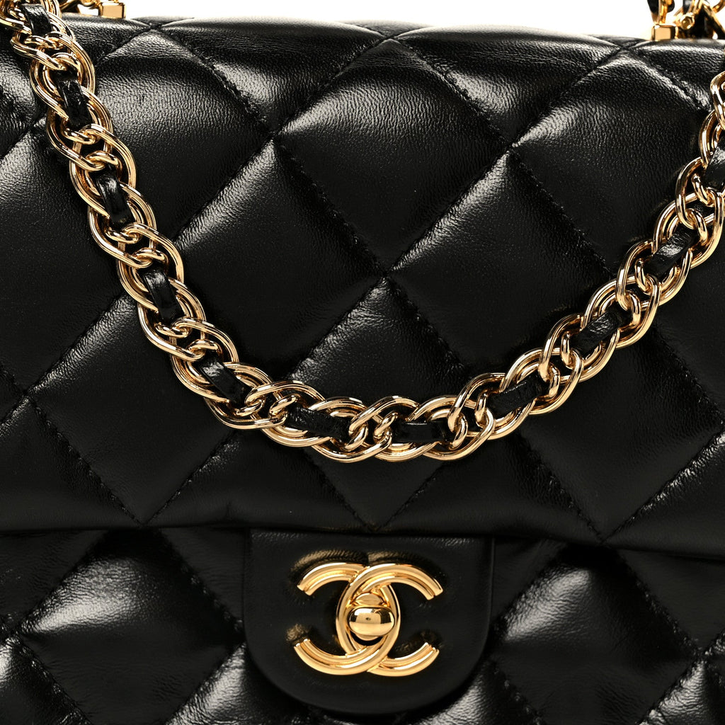 Chanel Shiny Lambskin Quilted Golden Links Top Handle Flap Black