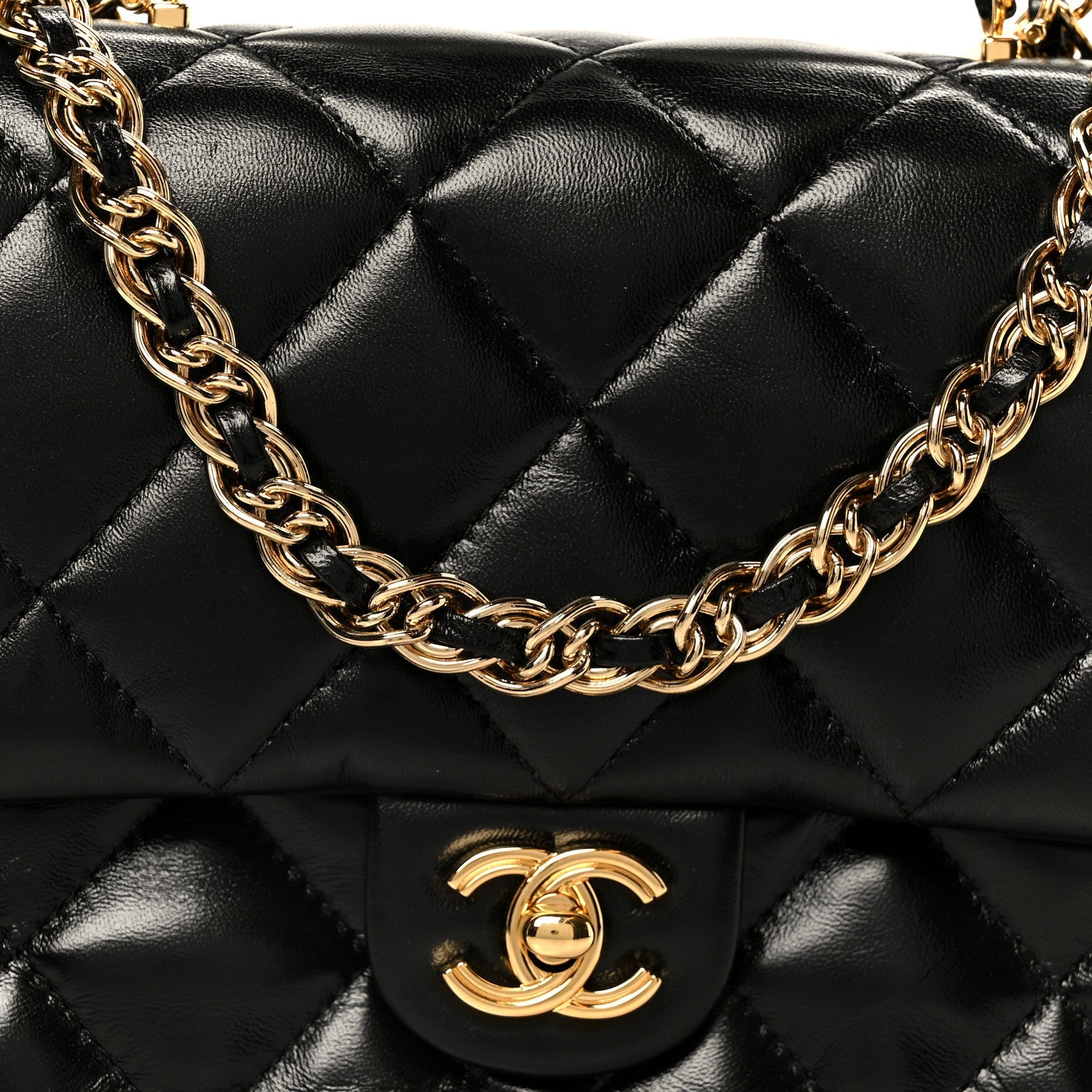 Chanel Shiny Lambskin Quilted Golden Links Top Handle Flap Black