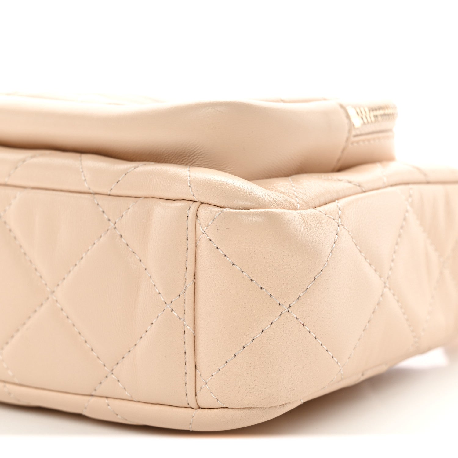 Chanel Shiny Crumpled Lambskin Quilted Small Preppy Pocket Clutch With Chain Beige