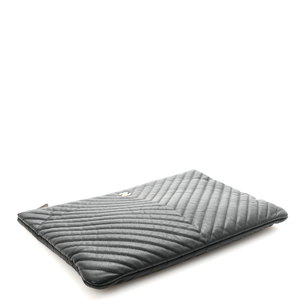 Caviar Chevron Quilted Large Cosmetic Case Black