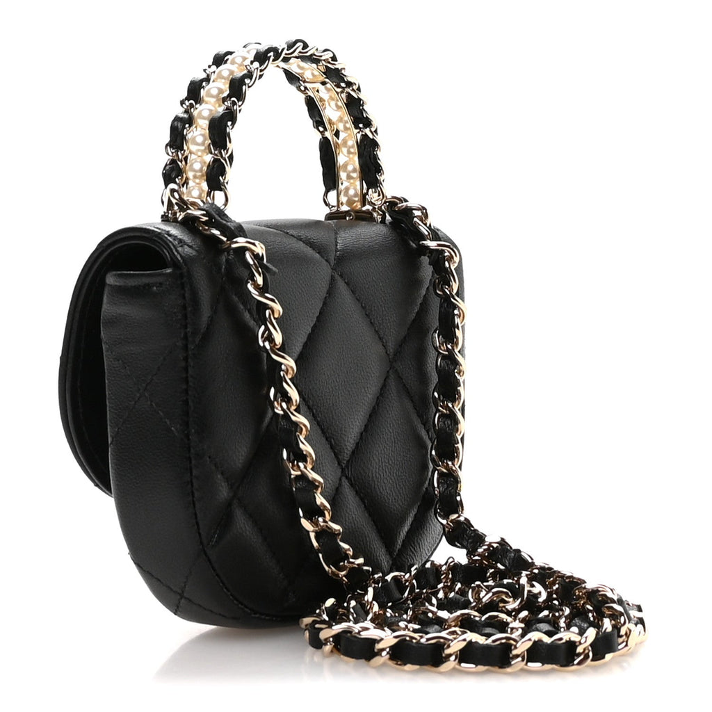Chanel Lambskin Quilted Pearl Top Handle Clutch With Chain Black