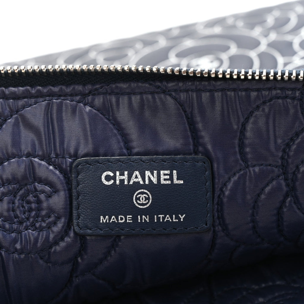 Lambskin Camellia Embossed Large Cosmetic Case Navy Silver