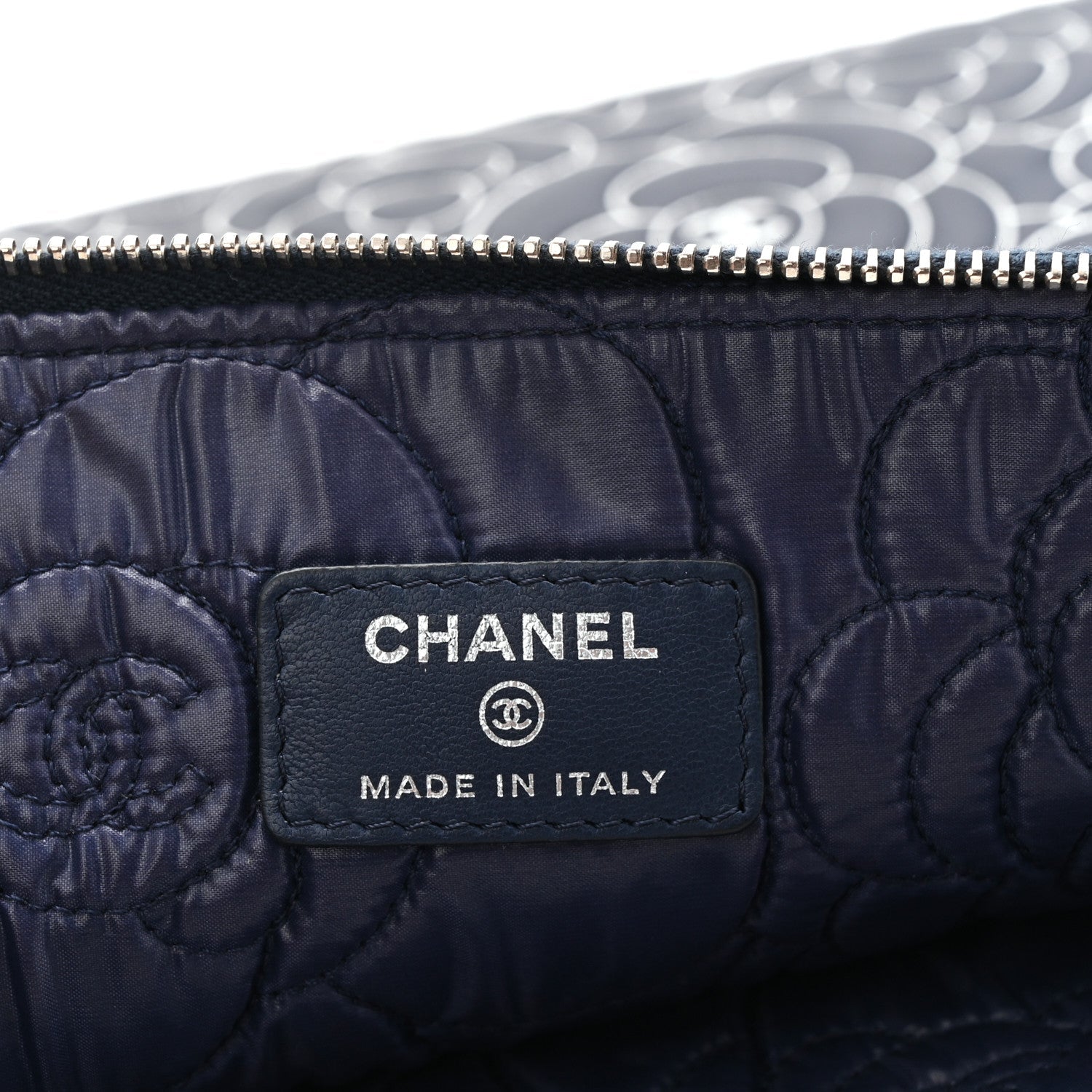 Lambskin Camellia Embossed Large Cosmetic Case Navy Silver