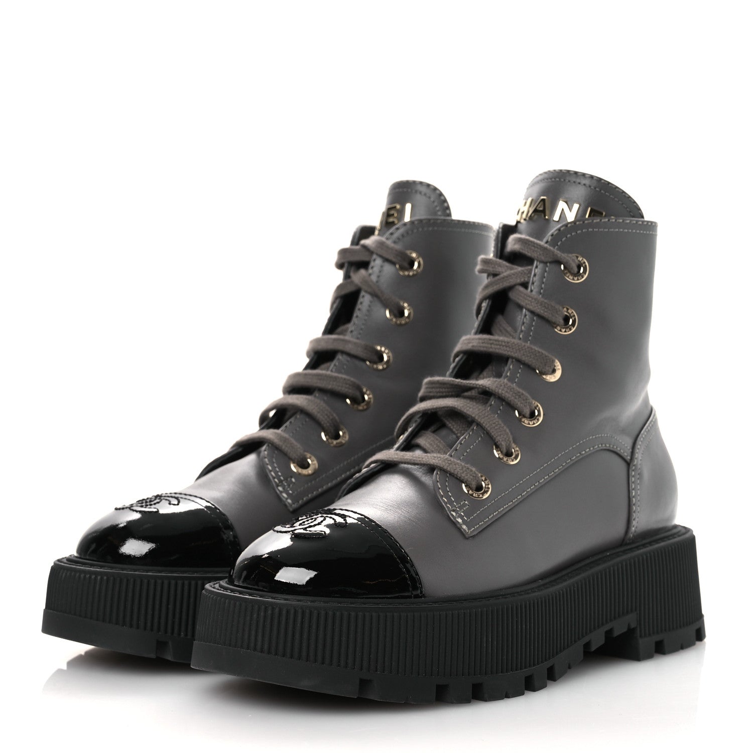Calfskin Patent Calfskin CC Lace Up Combat Boots 36.5 Gray Black