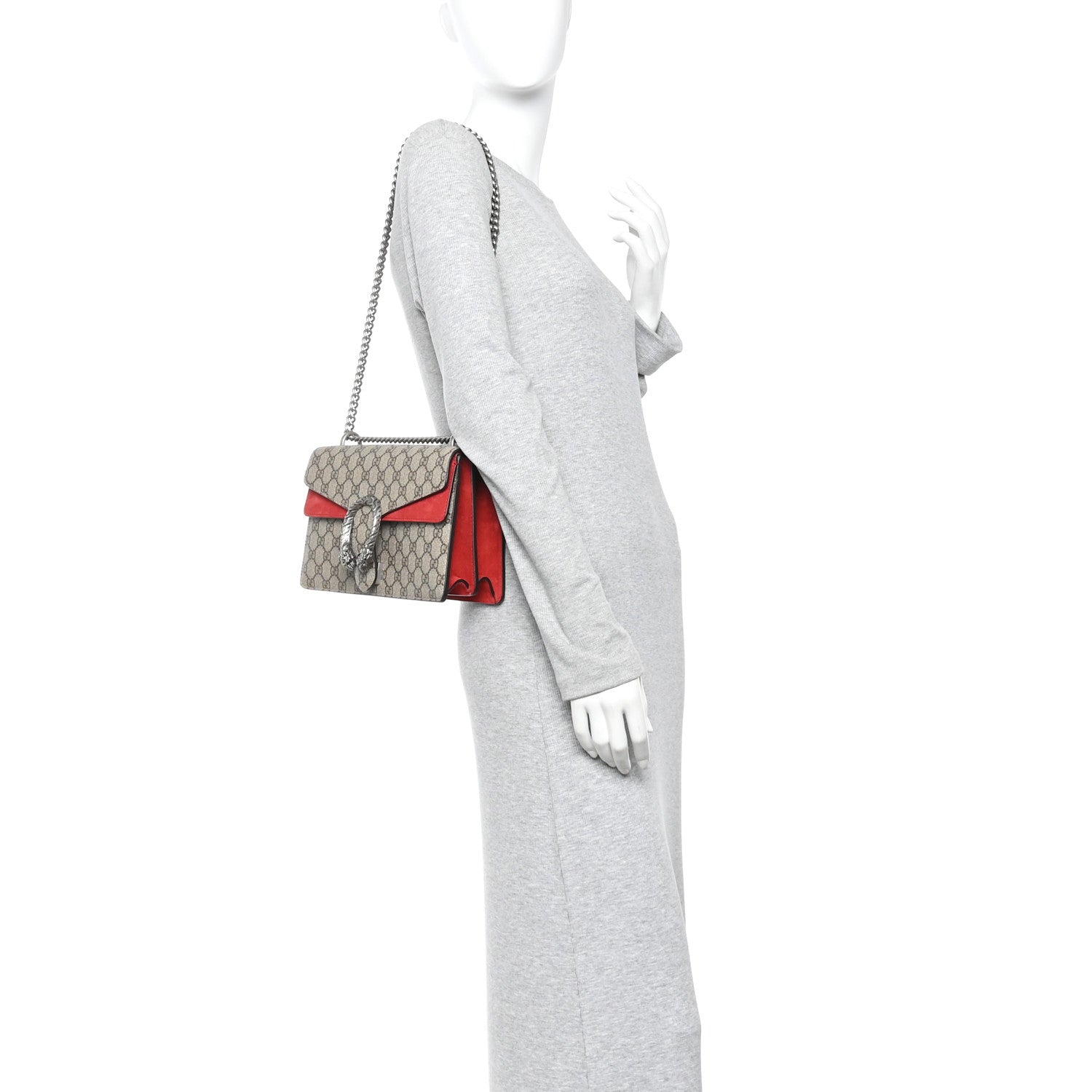 Gucci GG Supreme Monogram Suede Small Dionysus Shoulder Bag Beige Ebony Vulcanic Red