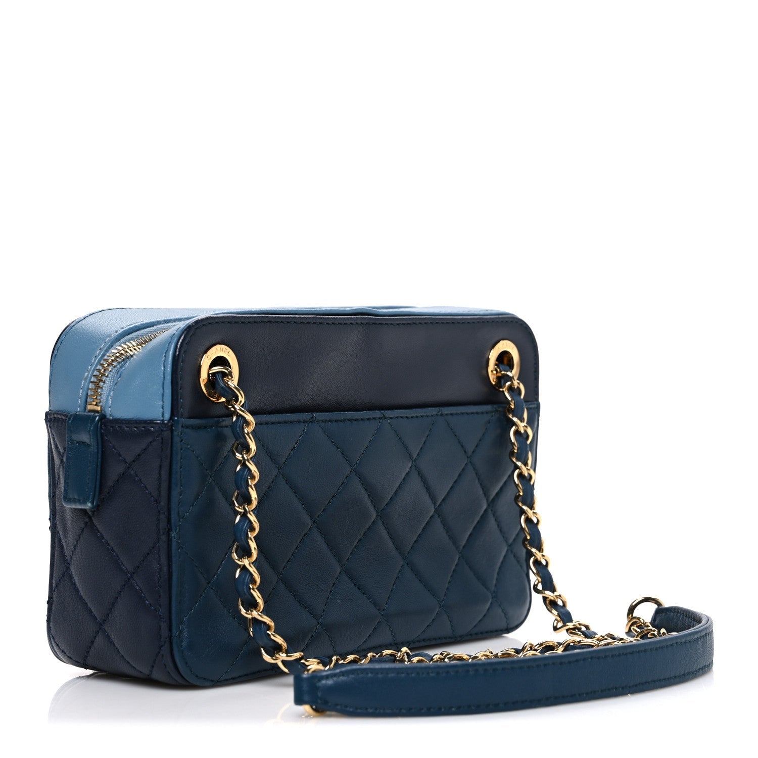 Chanel Lambskin Quilted Small In & Out Camera Case Navy Light Blue