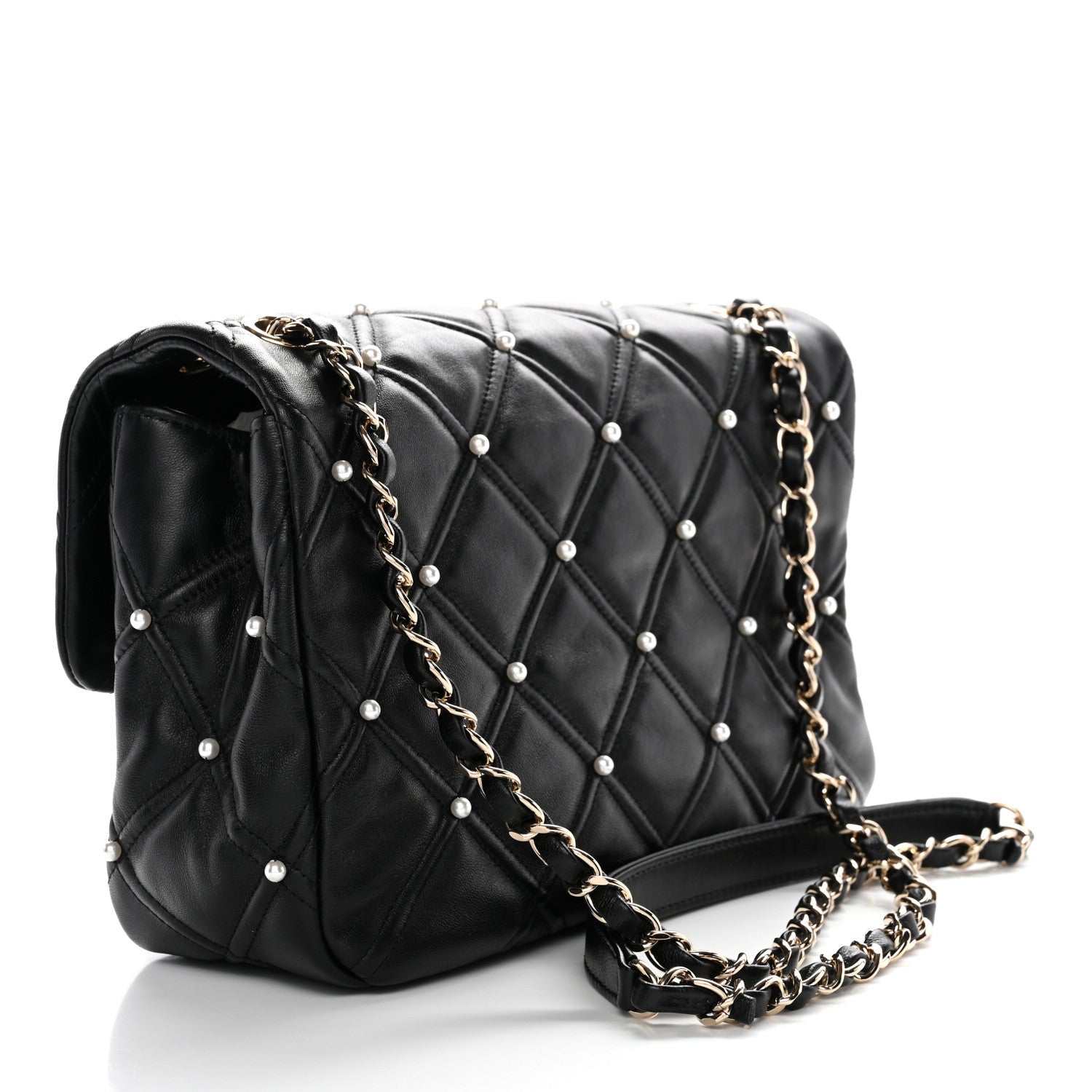 Chanel Lambskin Quilted Pearl Studded Flap Black