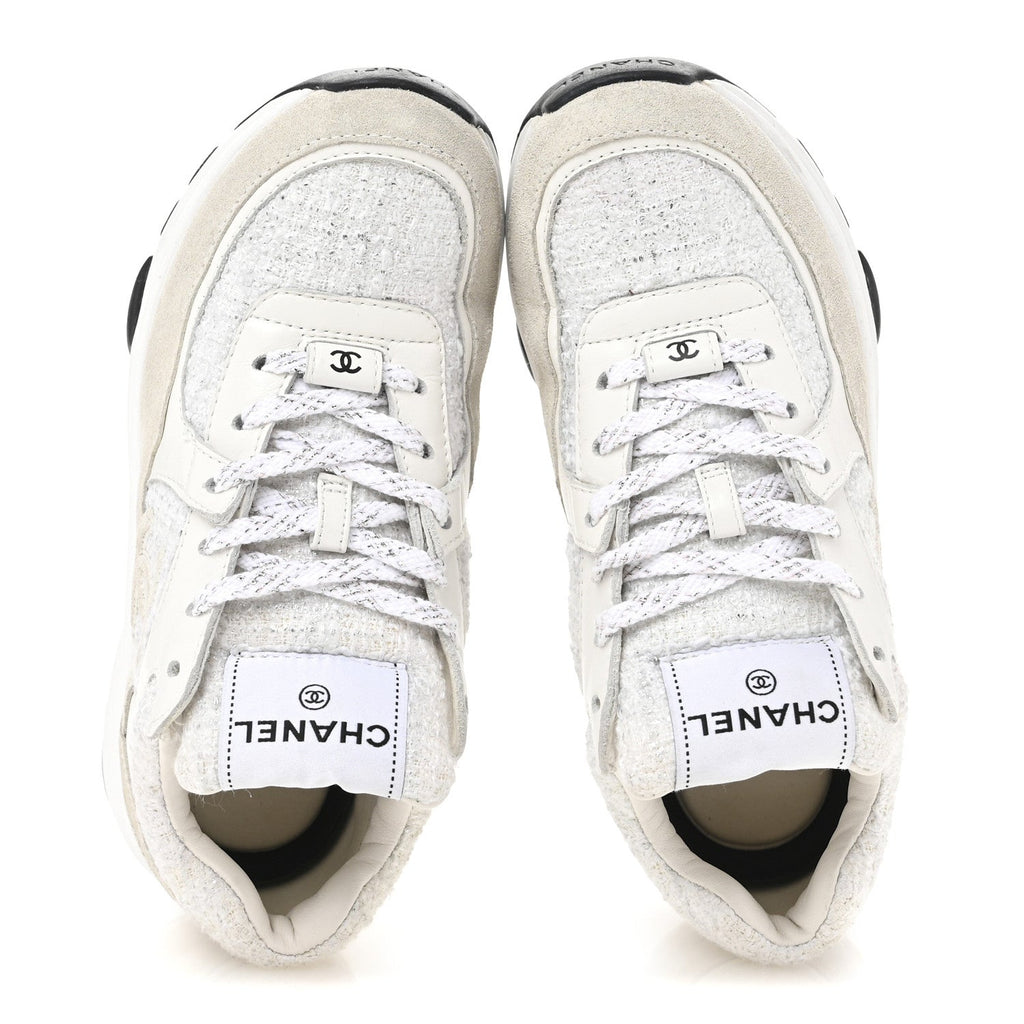 Painted Iridescent Cotton Tweed Suede Calfskin Womens CC Sneakers 35.5 White Silver Multicolor