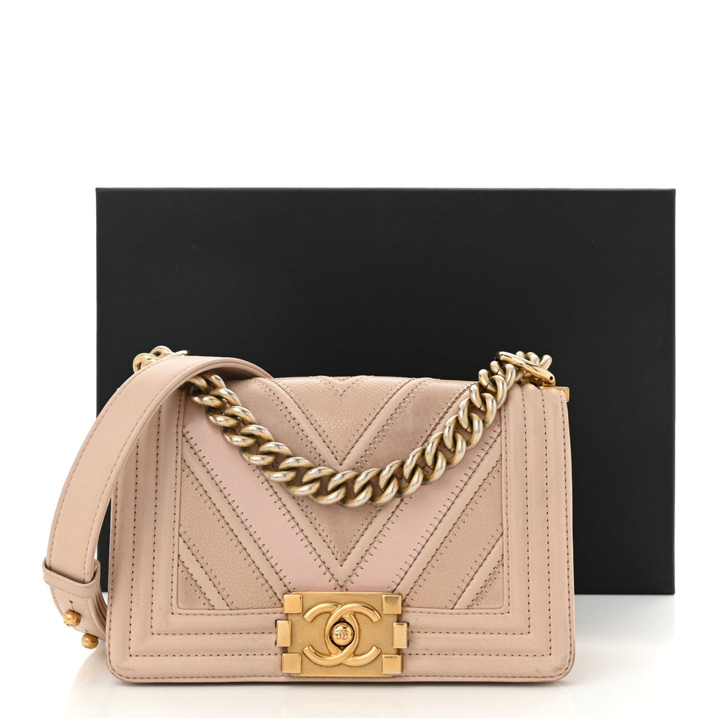 Chanel Caviar Suede Calfskin Chevron Quilted Small Boy Flap Light Pink