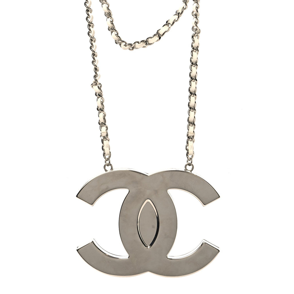 Chanel Metal Lambskin CC Mirror Crossbody Necklace Silver White
