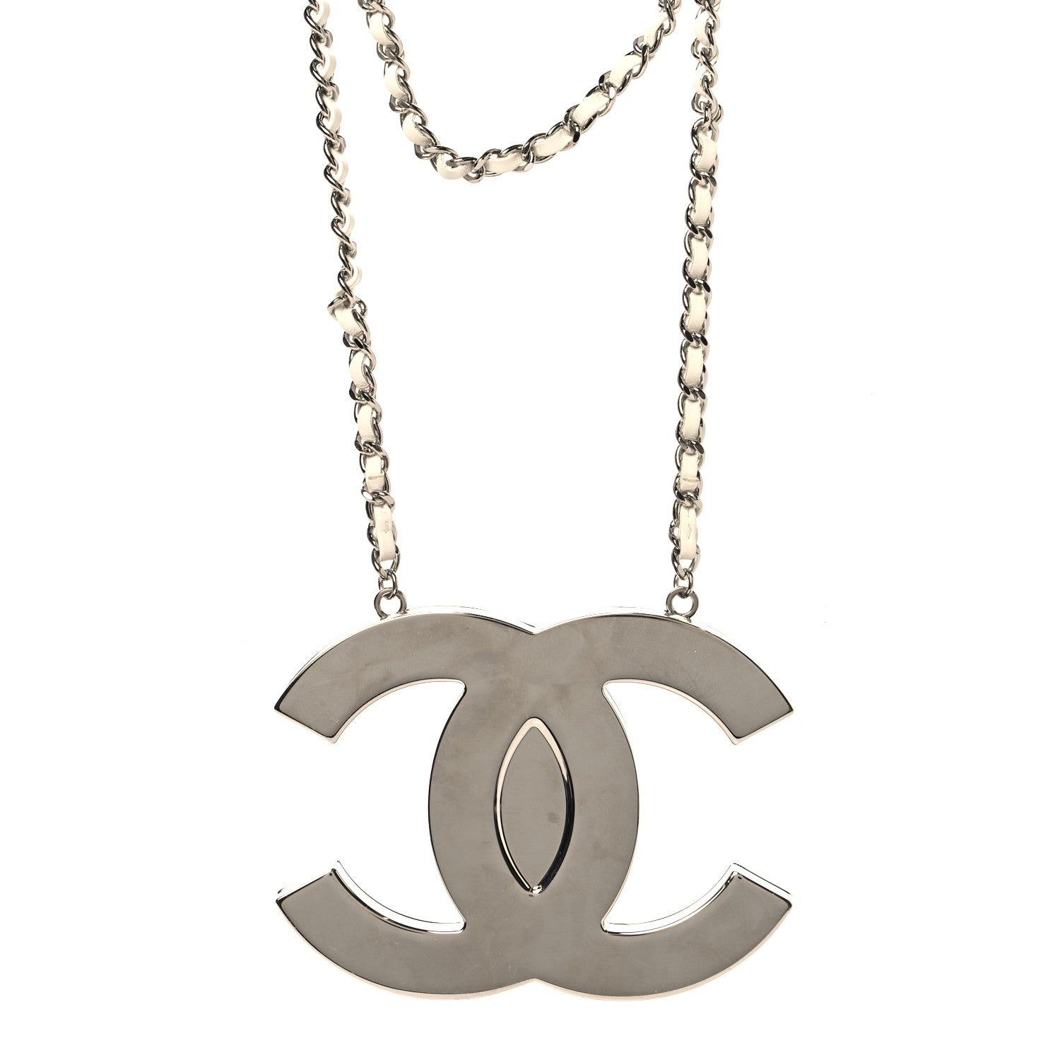 Chanel Metal Lambskin CC Mirror Crossbody Necklace Silver White