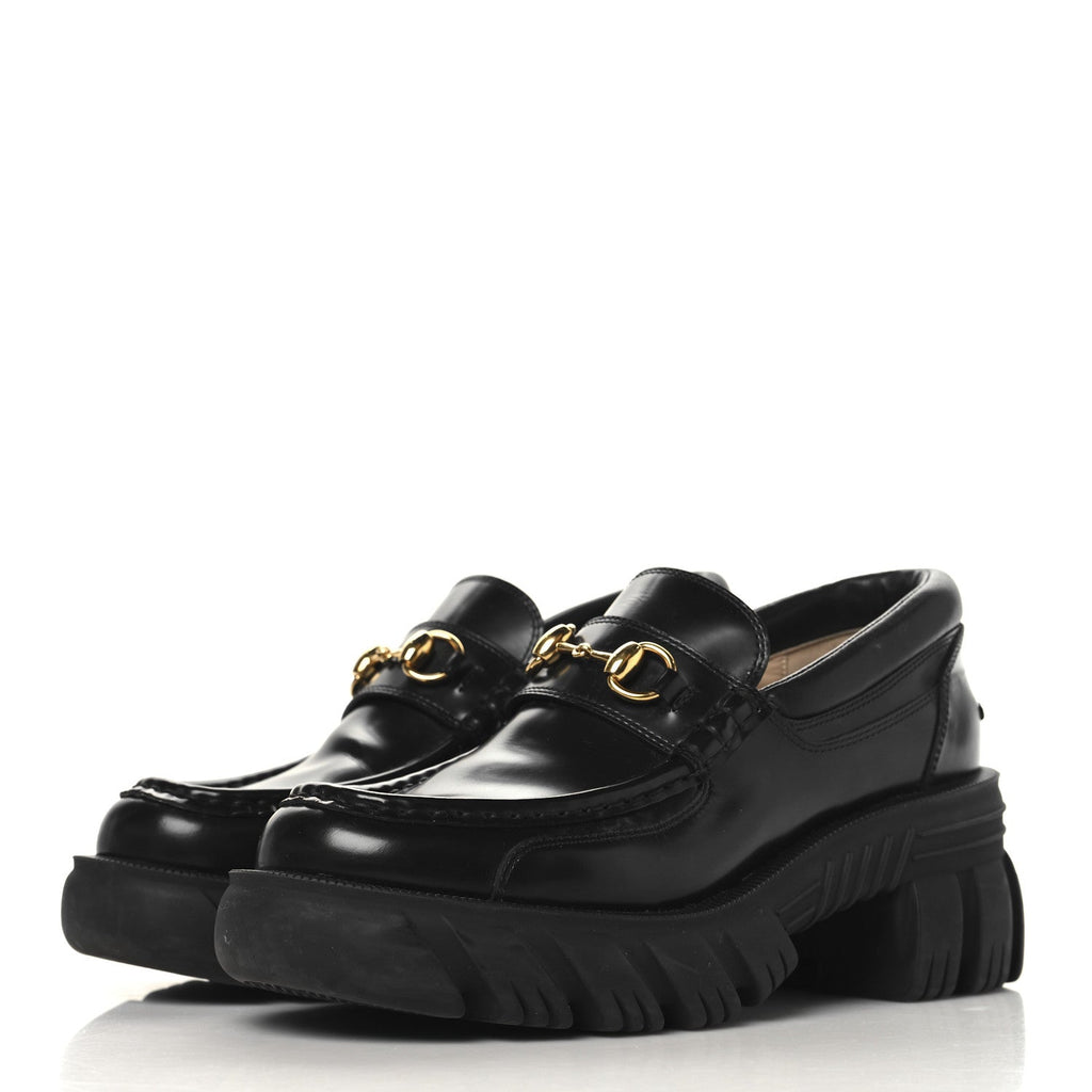Gucci Magnum Calfskin Nappa Samoa Womens Horsebit Platform Chunky Lug Sole 40mm Loafers 38.5  Black