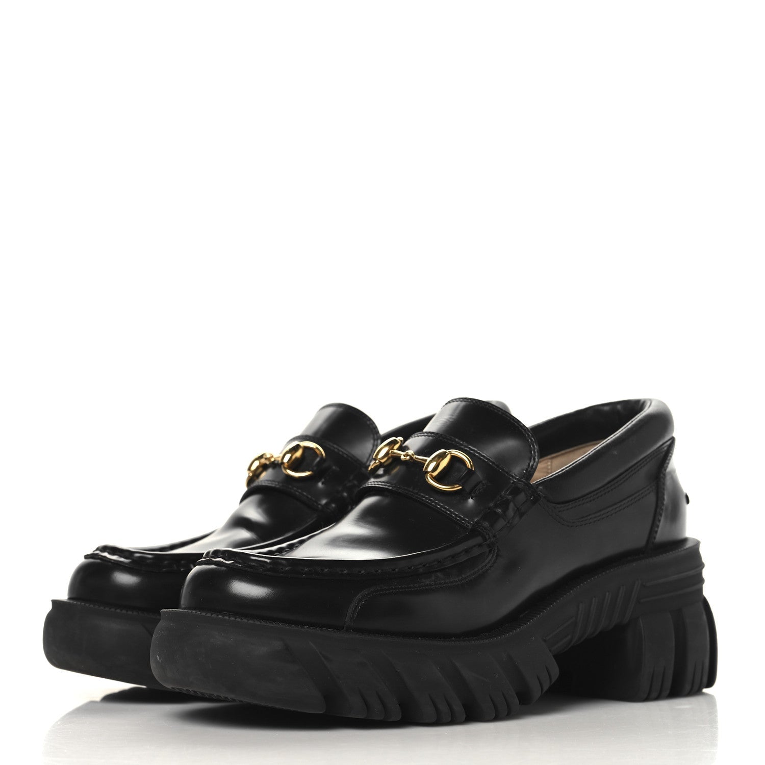 Gucci Magnum Calfskin Nappa Samoa Womens Horsebit Platform Chunky Lug Sole 40mm Loafers 38.5  Black