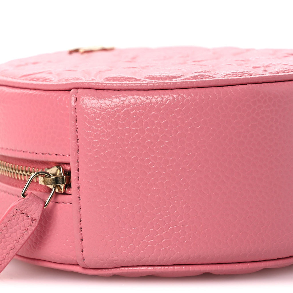 Chanel Caviar Camellia Embossed Round Clutch With Chain Pink