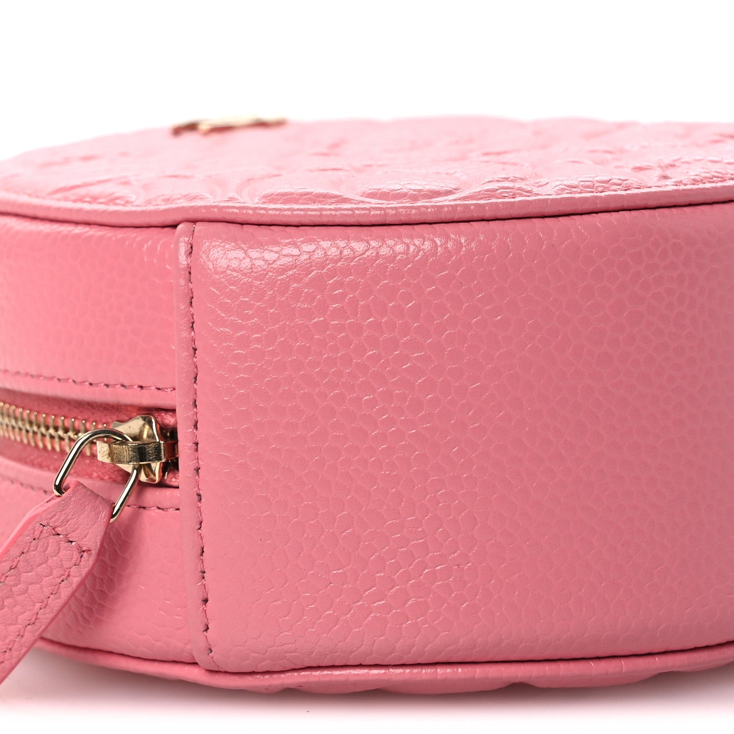 Chanel Caviar Camellia Embossed Round Clutch With Chain Pink